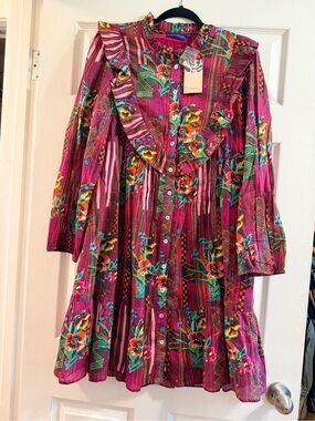Ro’s Garden Floral Ruffled Long-Sleeve Dress - Magenta XL NWT